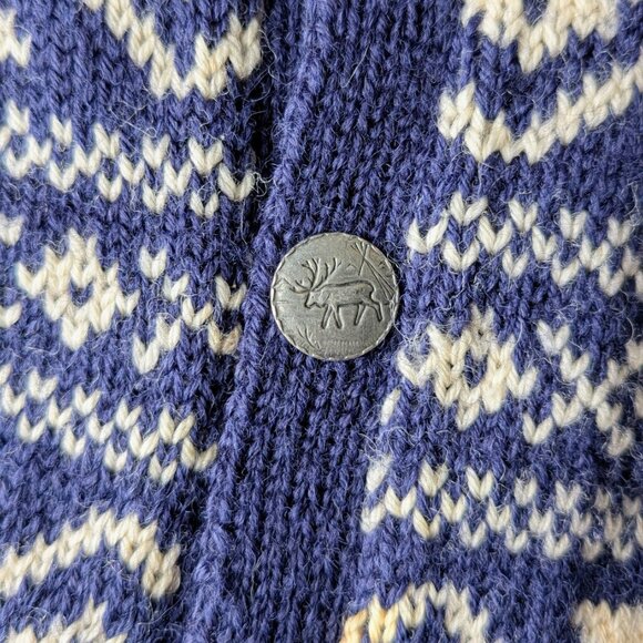 Vintage Norway Design Handknit Blue White Fair Isle Moose Wool Cardigan Sweater - Picture 7 of 10